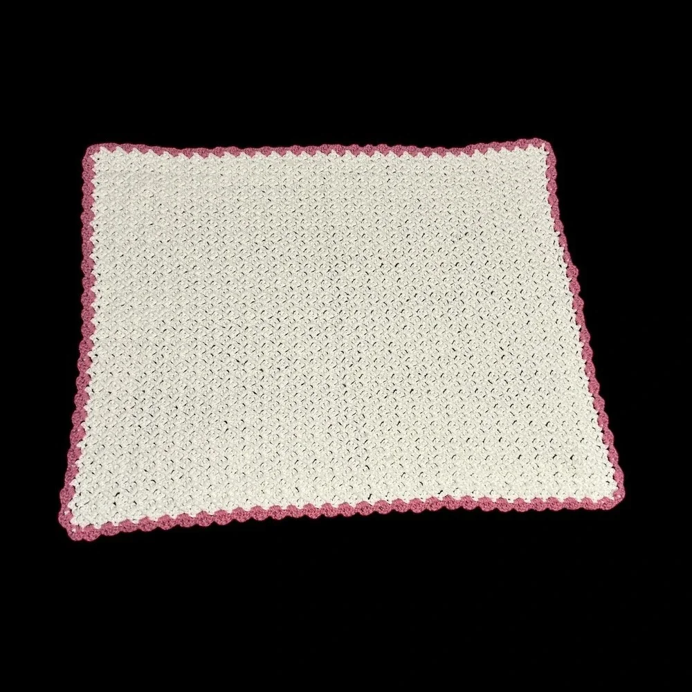 Handmade Crochet Baby Afghan Blanket Cream‎ Pink Scallop Edge 37x27